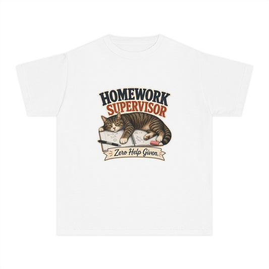 Homework Supervisor Cat Youth Tee | "Zero Help Given" retro kitten design