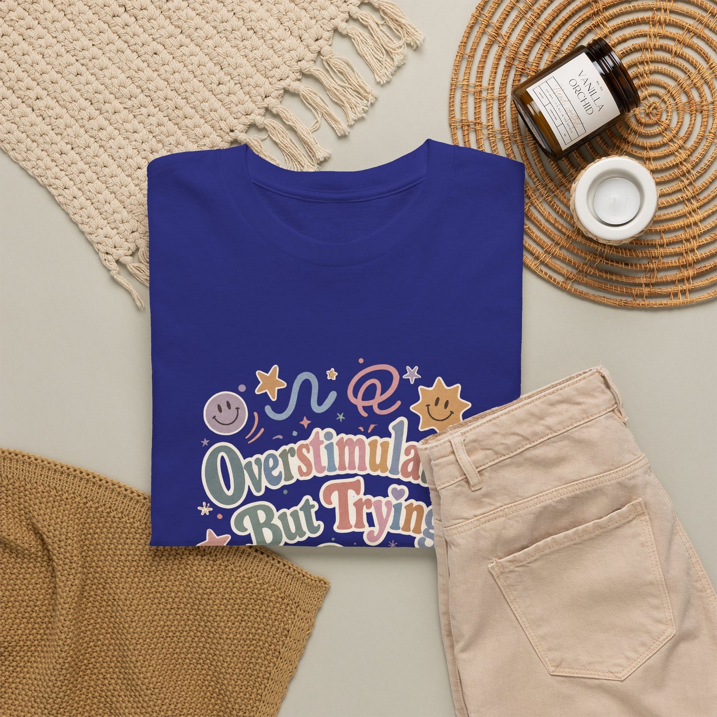 Overstimulated But Trying tee | Funny Mental Health Shirt, Cute Retro Doodles