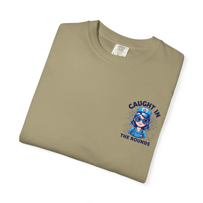 Unisex Graphic Tee - 'Caught in the Rounds', Casual Wear, Gift for Friends, Comfortable Everyday Tee, Fun Summer Shirt, Halloween Nurse