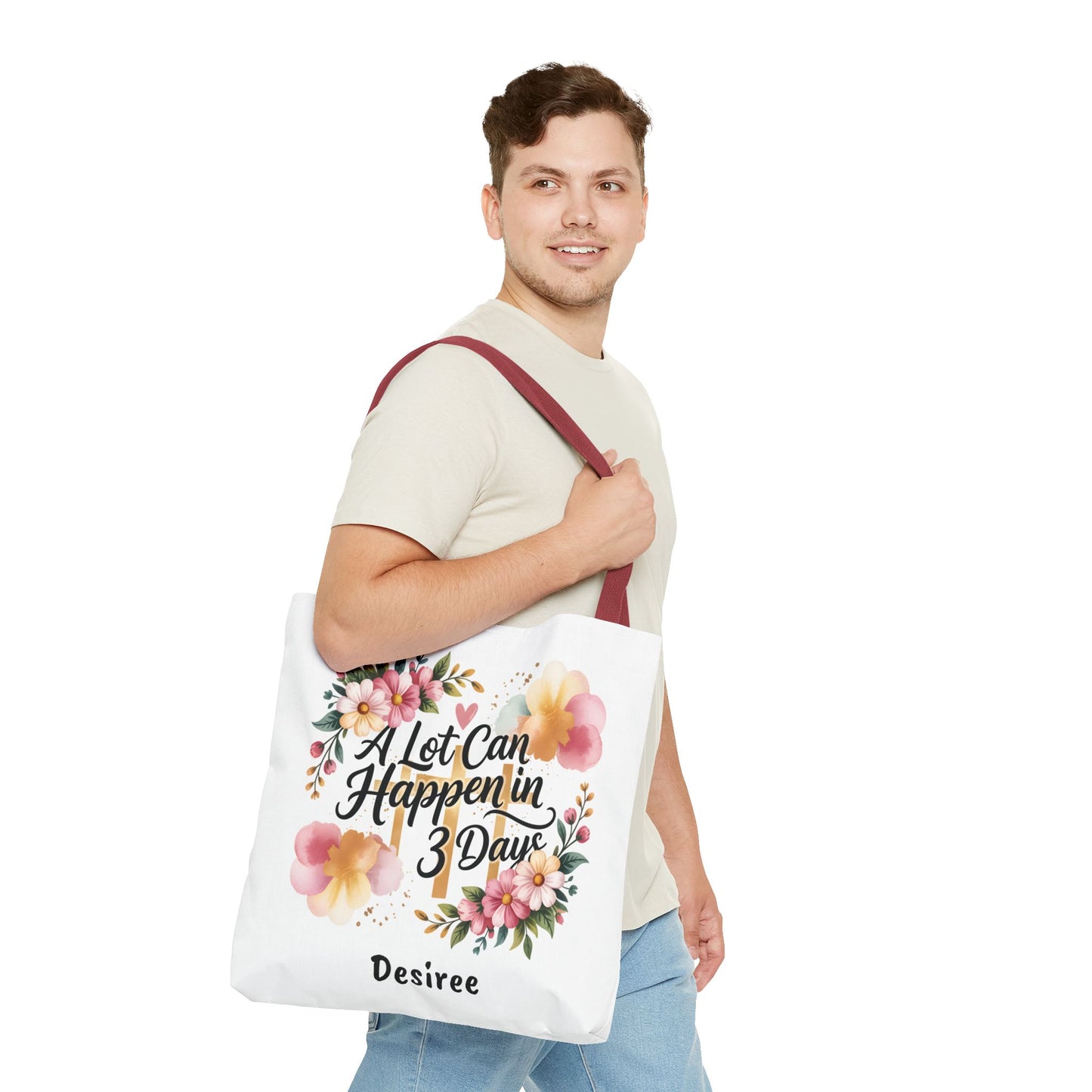 A Lot Can Happen in 3 Days Easter Faith Tote Bag | Floral Script Personalized Name