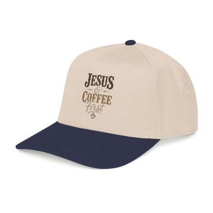 Jesus & Coffee First Mid Profile Baseball Cap | Christian Script Logo