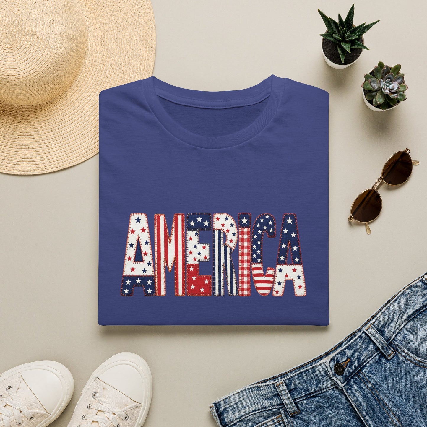 American Flag Patchwork Style Letters T-Shirt | Patriotic Fourth of July Tee