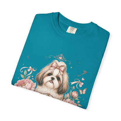 Shih Tzu Floral Portrait T-Shirt | Tiny Floof Illustration, Pink Roses