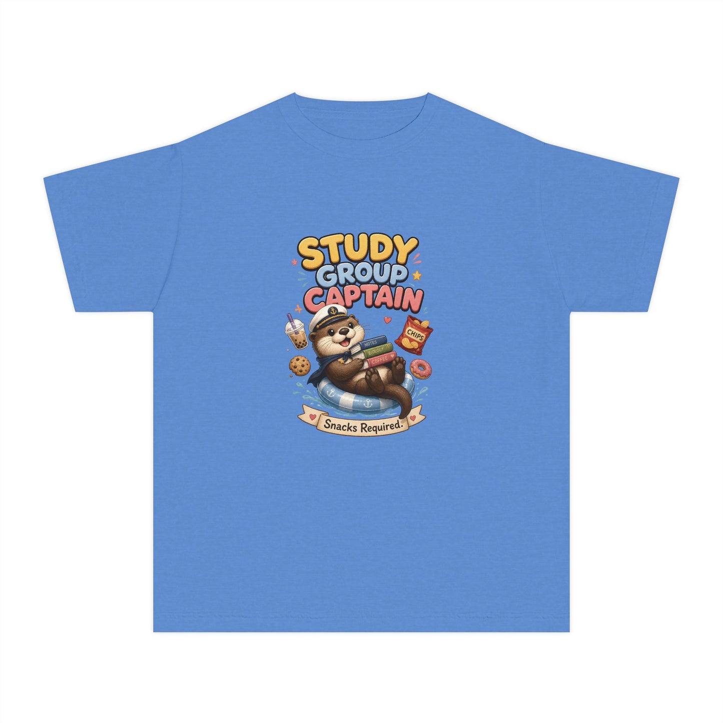 Study Group Captain Youth Tee | Sloth Studying Snacks Graphic