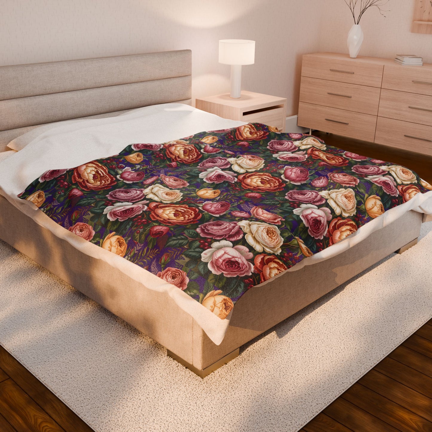 Vintage Rose Pattern Velveteen Plush Blanket | Floral Bouquet Design