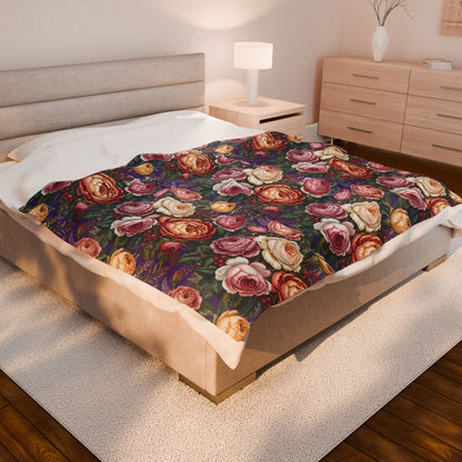 Vintage Rose Pattern Velveteen Plush Blanket | Floral Bouquet Design