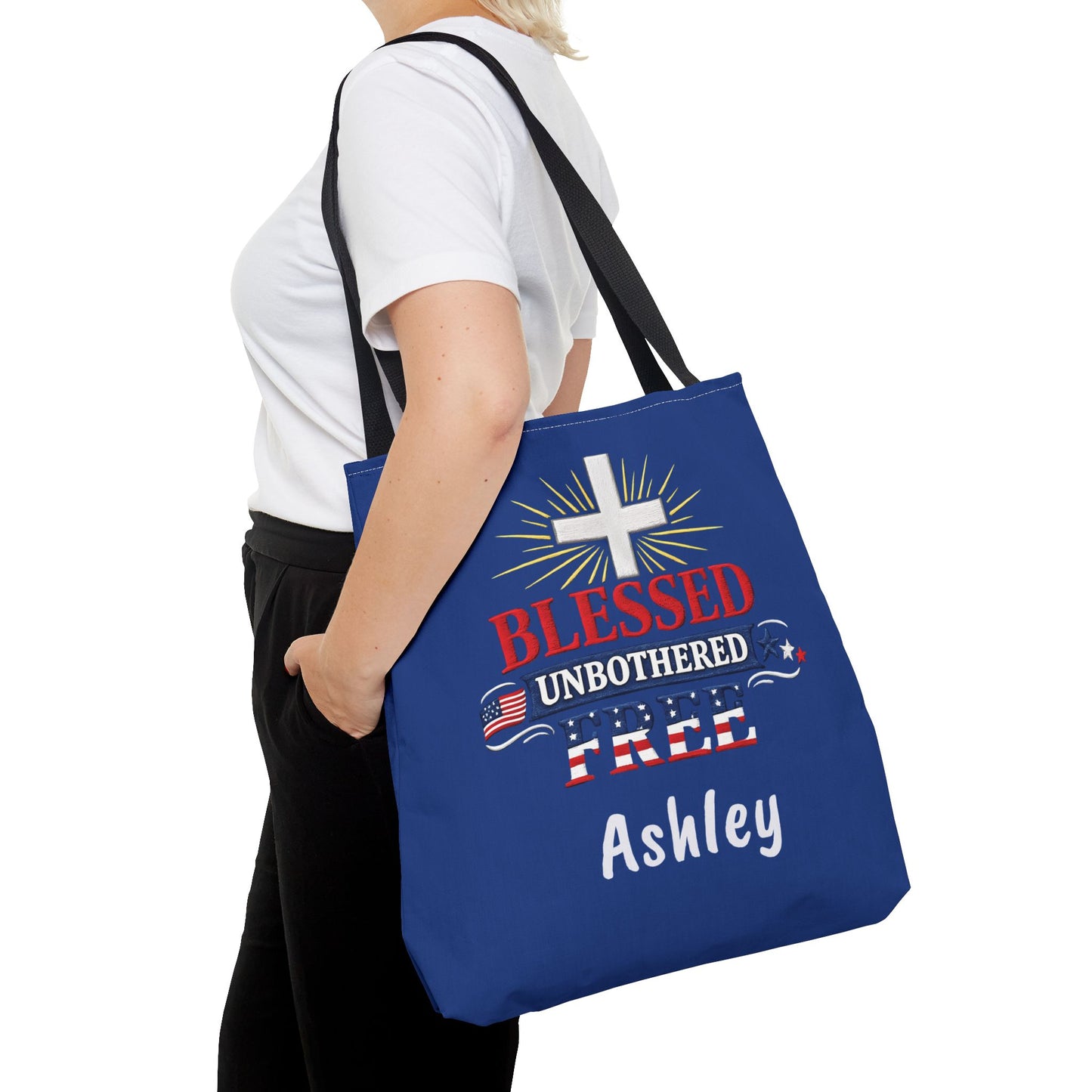 Blessed Unbothered Free Cross tote bag | patriotic faith design
