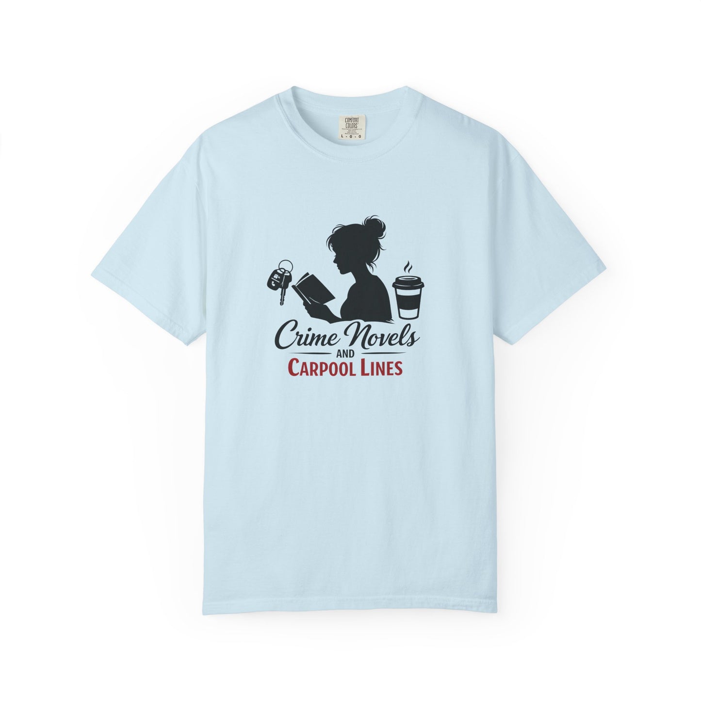 Crime Novels and Carpool Lines T-shirt | Reading Mom Silhouette, Coffee Graphic