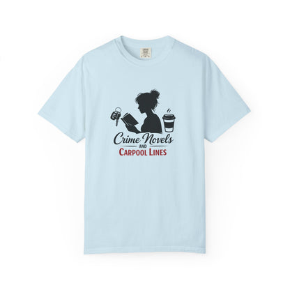 Crime Novels and Carpool Lines T-shirt | Reading Mom Silhouette, Coffee Graphic