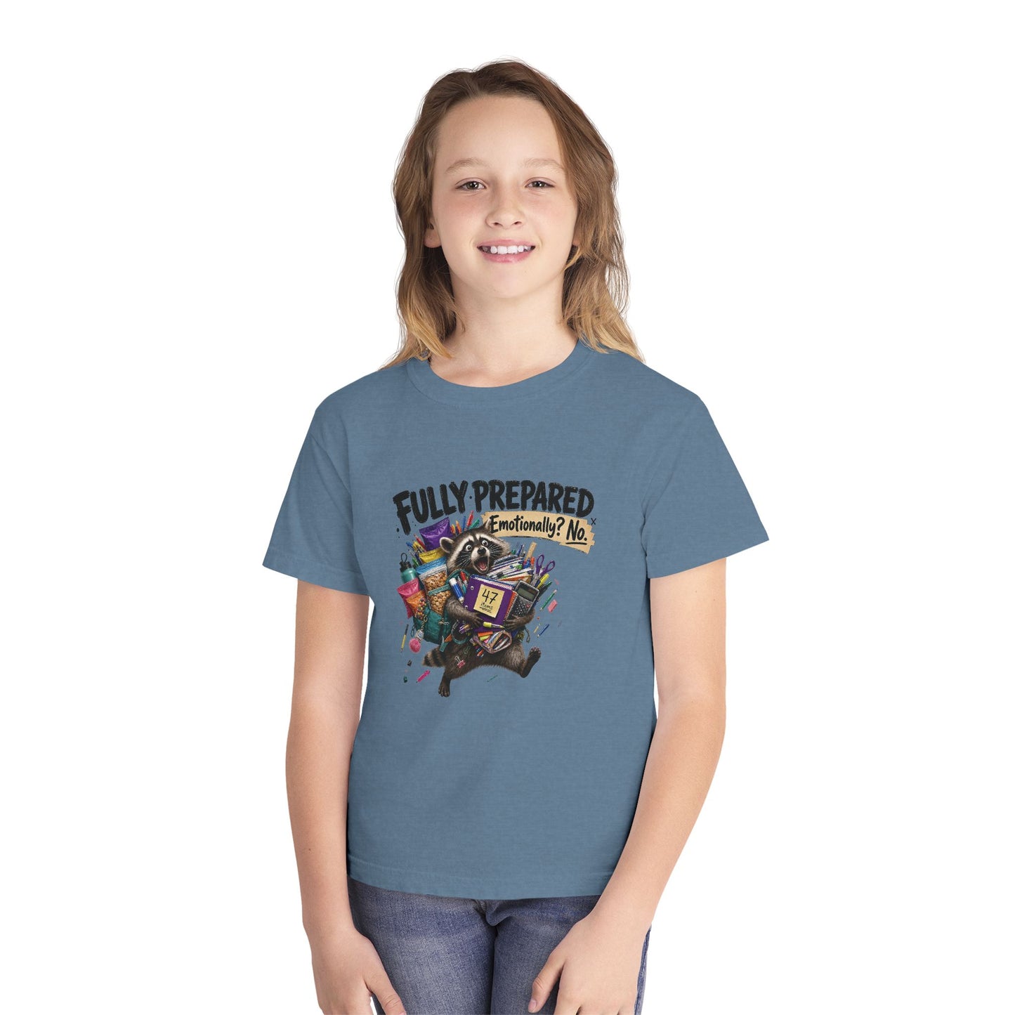 Fully Prepared Raccoon Supplies T-Shirt | Funny Back-to-School Kids Tee