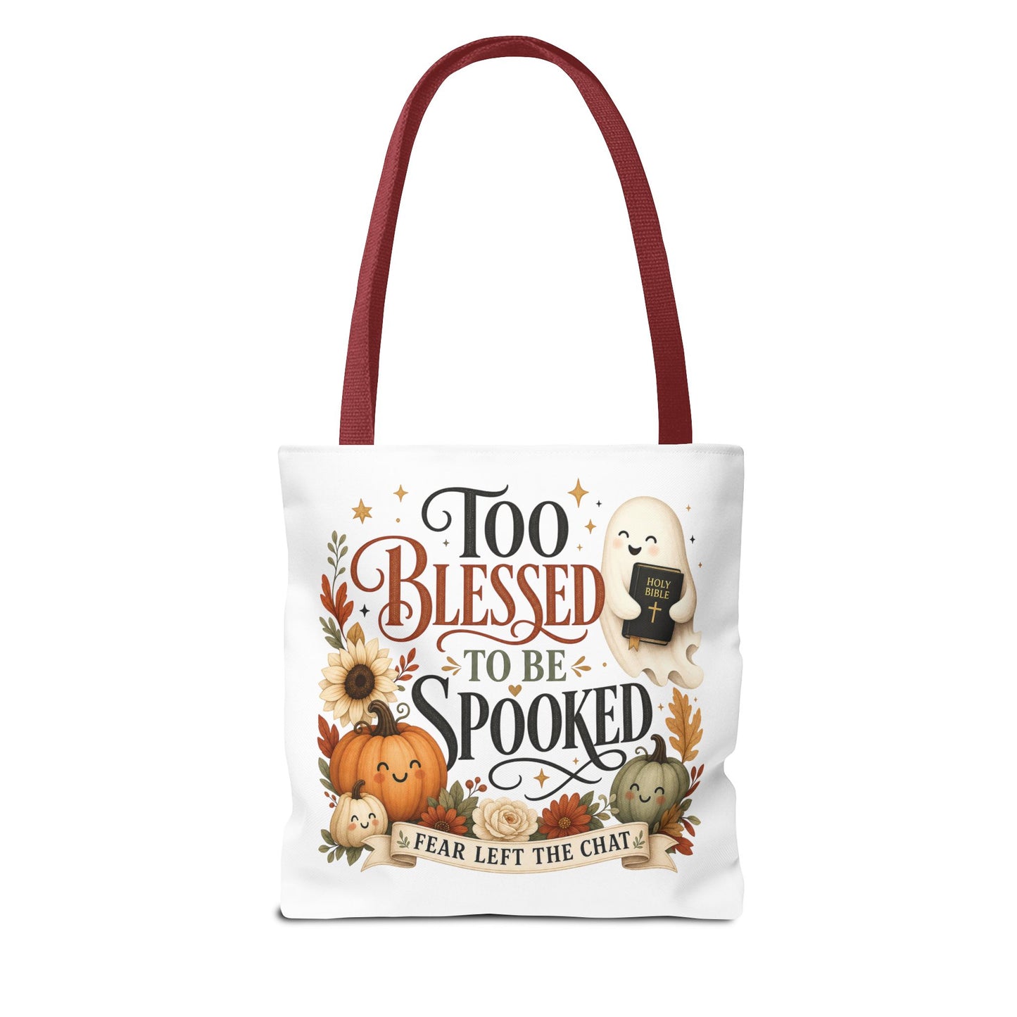 Too Blessed to Be Spooked Tote Bag | Halloween Pumpkin Ghost Fall Leaves
