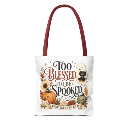 Too Blessed to Be Spooked Tote Bag | Halloween Pumpkin Ghost Fall Leaves