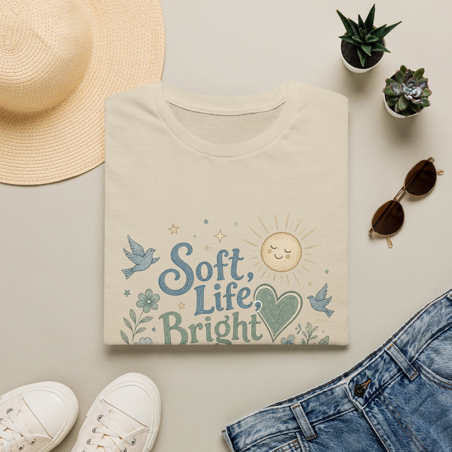 Soft Life Bright Heart T-Shirt | sun, doves, floral graphic