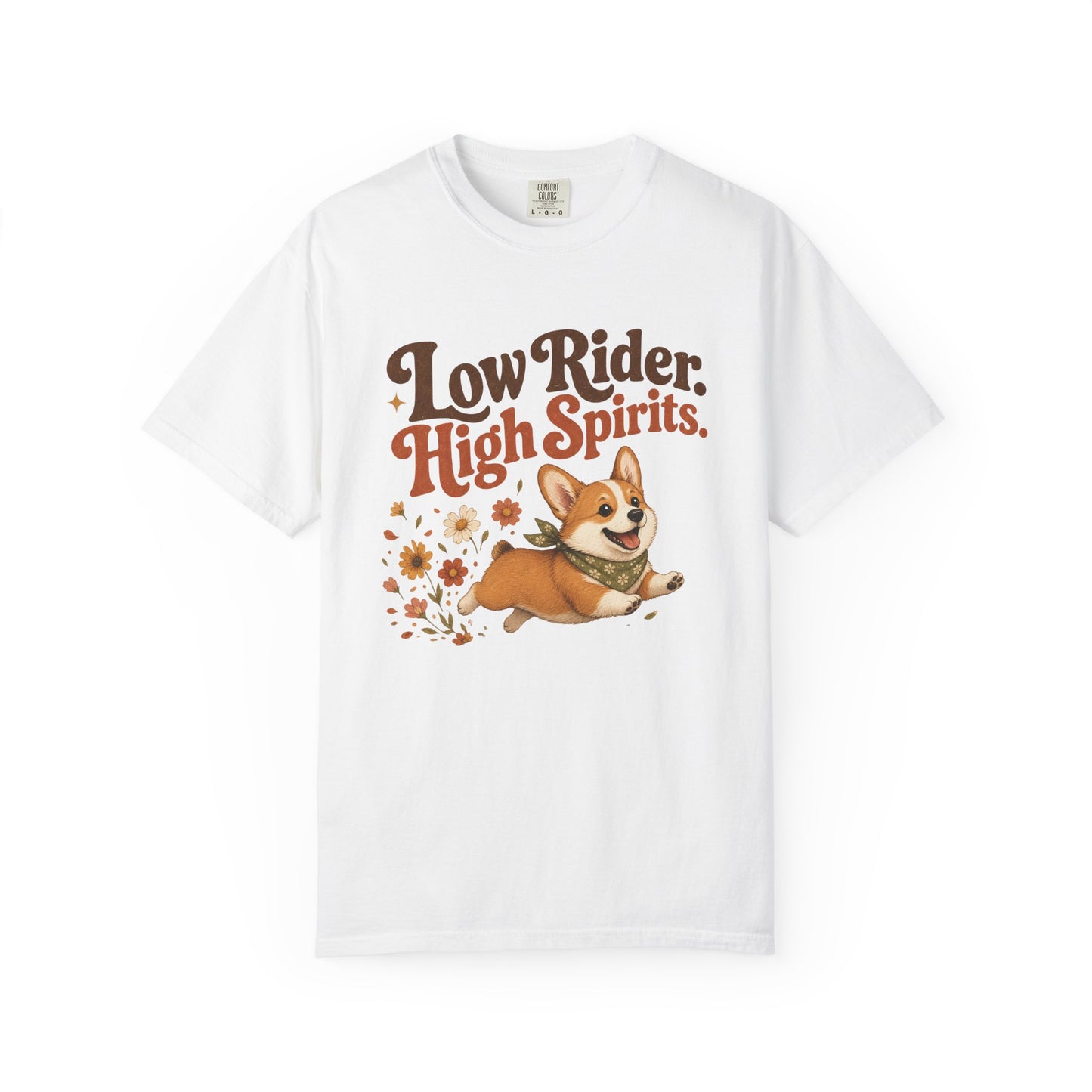 Low Rider High Spirits Corgi T-Shirt | Running Corgi Illustration, Autumn Leaves