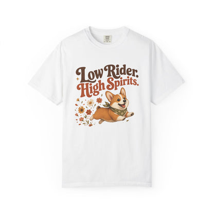 Low Rider High Spirits Corgi T-Shirt | Running Corgi Illustration, Autumn Leaves
