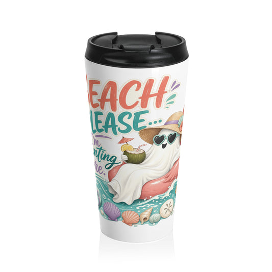 Beach Please Ghost, Travel Mug | Summer Beach Drinkware, Cute Ghost Illustration