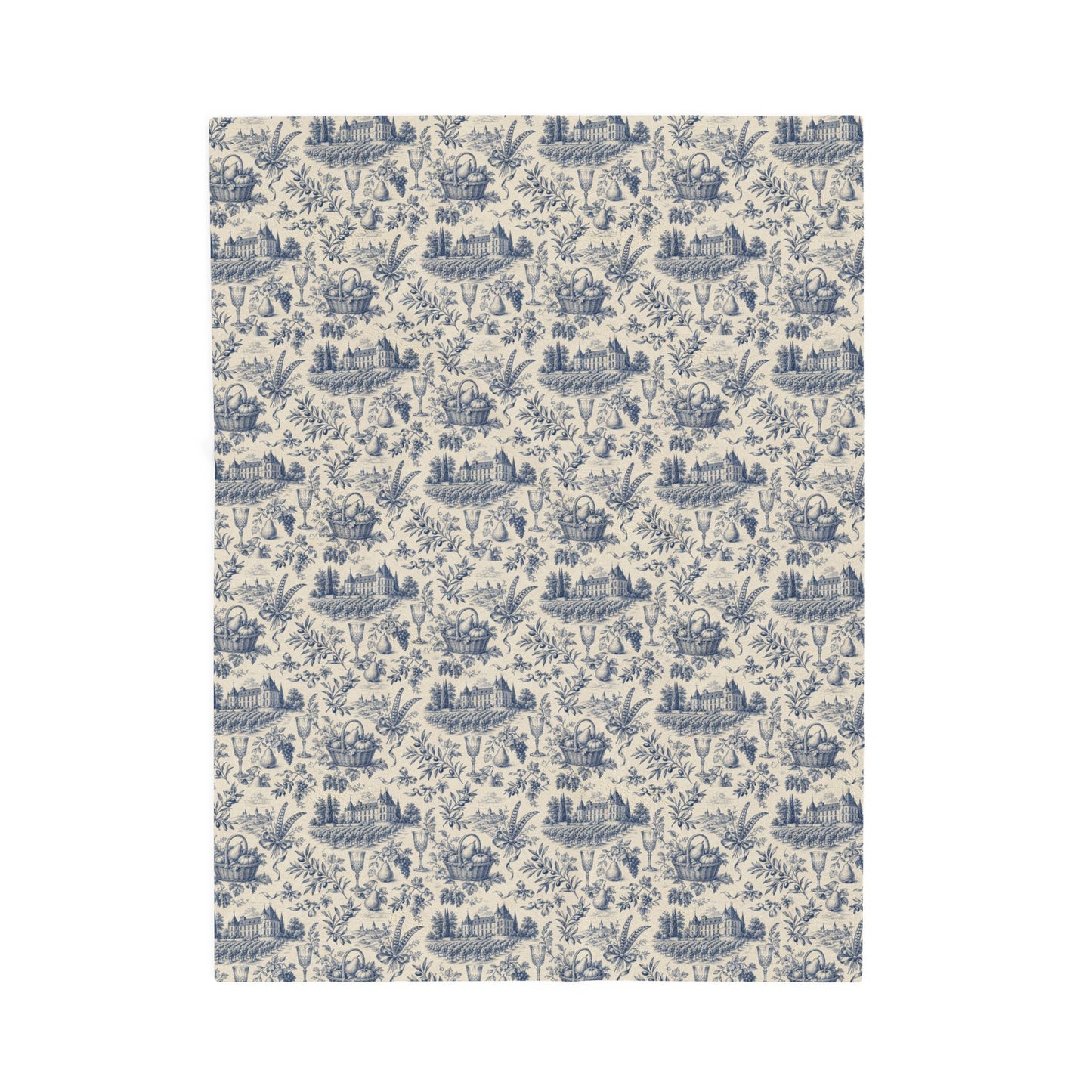 French Harvest Toile Landscape Velveteen Plush Blanket | Vintage Cottage Pattern