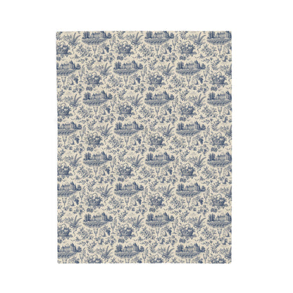 French Harvest Toile Landscape Velveteen Plush Blanket | Vintage Cottage Pattern