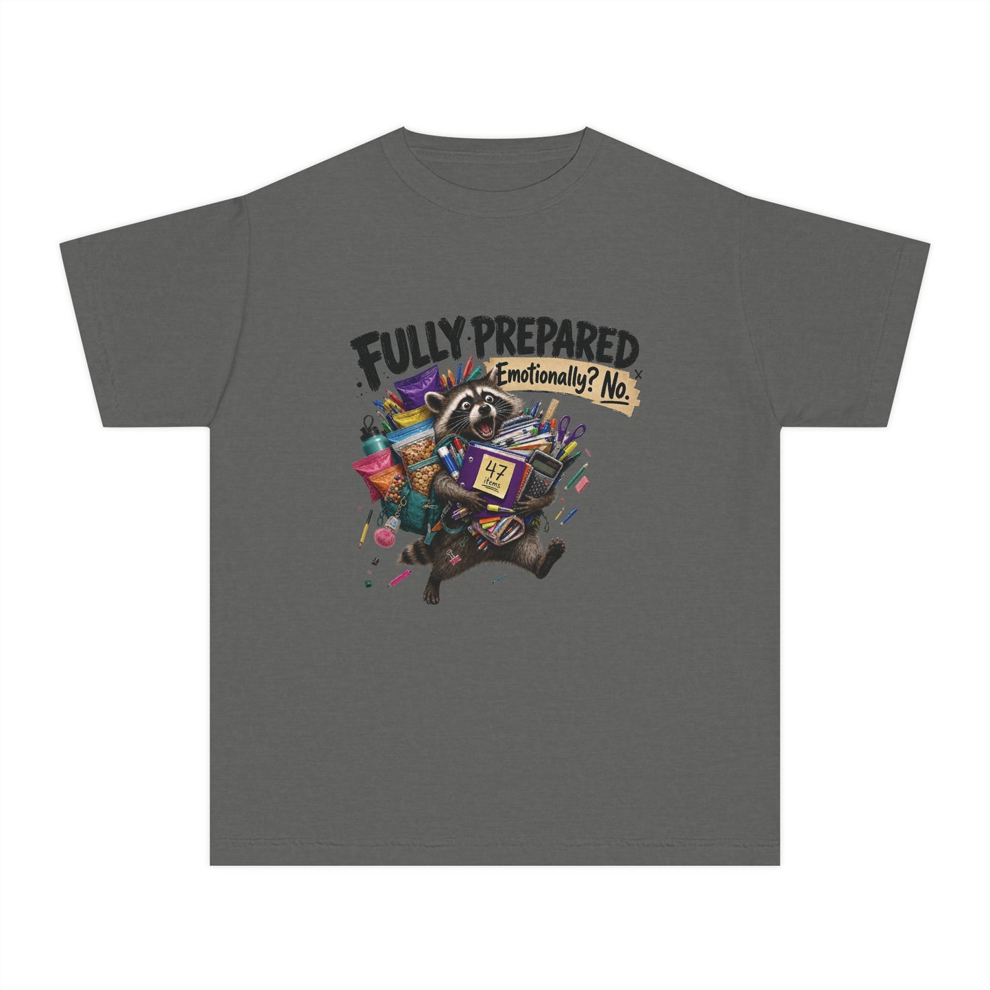 Fully Prepared Raccoon Supplies T-Shirt | Funny Back-to-School Kids Tee
