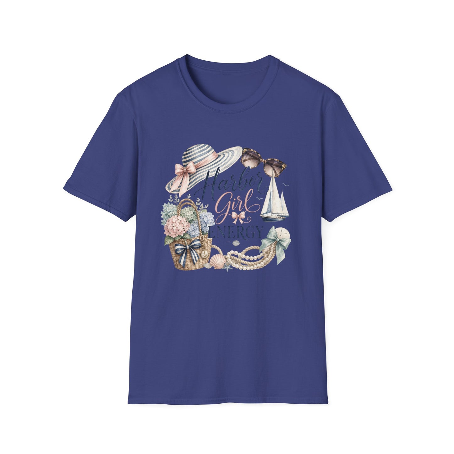 Harbor Girl illustration T-Shirt | Nautical hat, sailboat, seashells