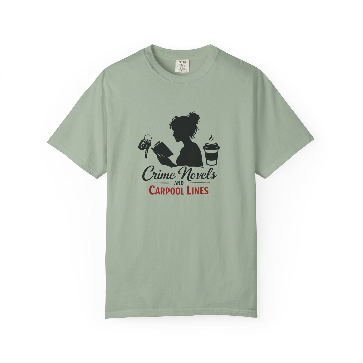 Crime Novels and Carpool Lines T-shirt | Reading Mom Silhouette, Coffee Graphic