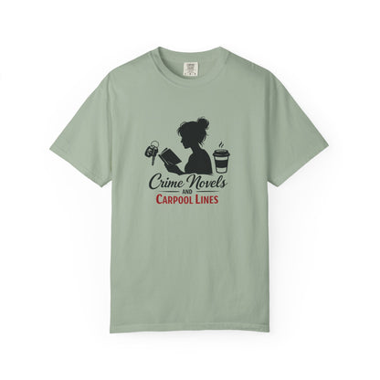 Crime Novels and Carpool Lines T-shirt | Reading Mom Silhouette, Coffee Graphic
