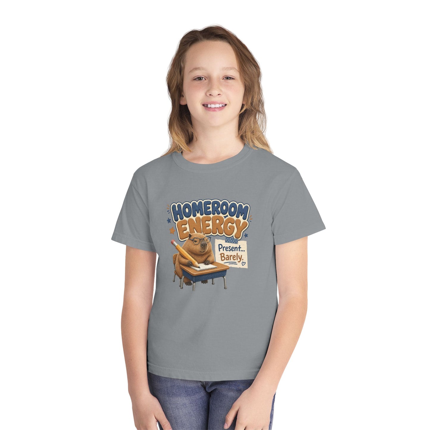 Homeroom Energy Sloth on Desk Youth Tee | Funny School Illustration