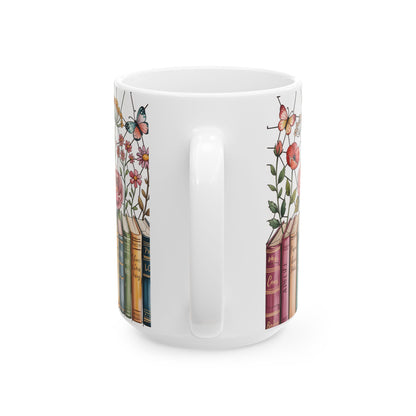 Floral Bookshelf Illustration Mug | Ceramic Book Lover Coffee Cup Stained Glass Effect