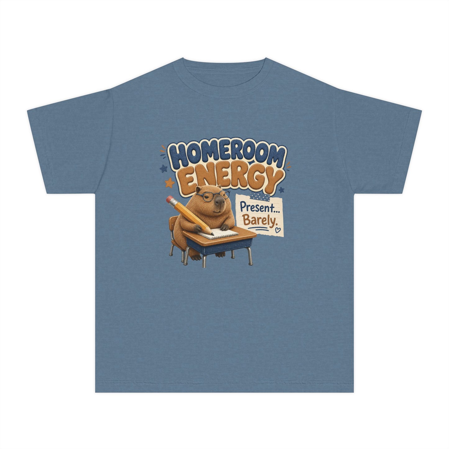 Homeroom Energy Sloth on Desk Youth Tee | Funny School Illustration