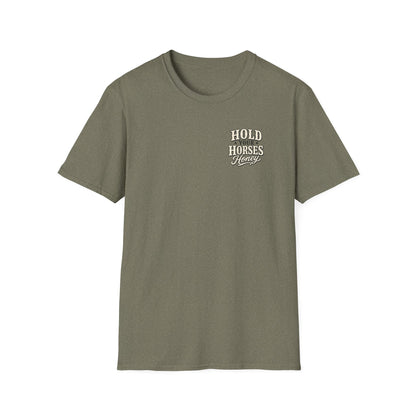 Hold Your Horses Honey T-Shirt | Retro Western Script, Chest & Back Graphic