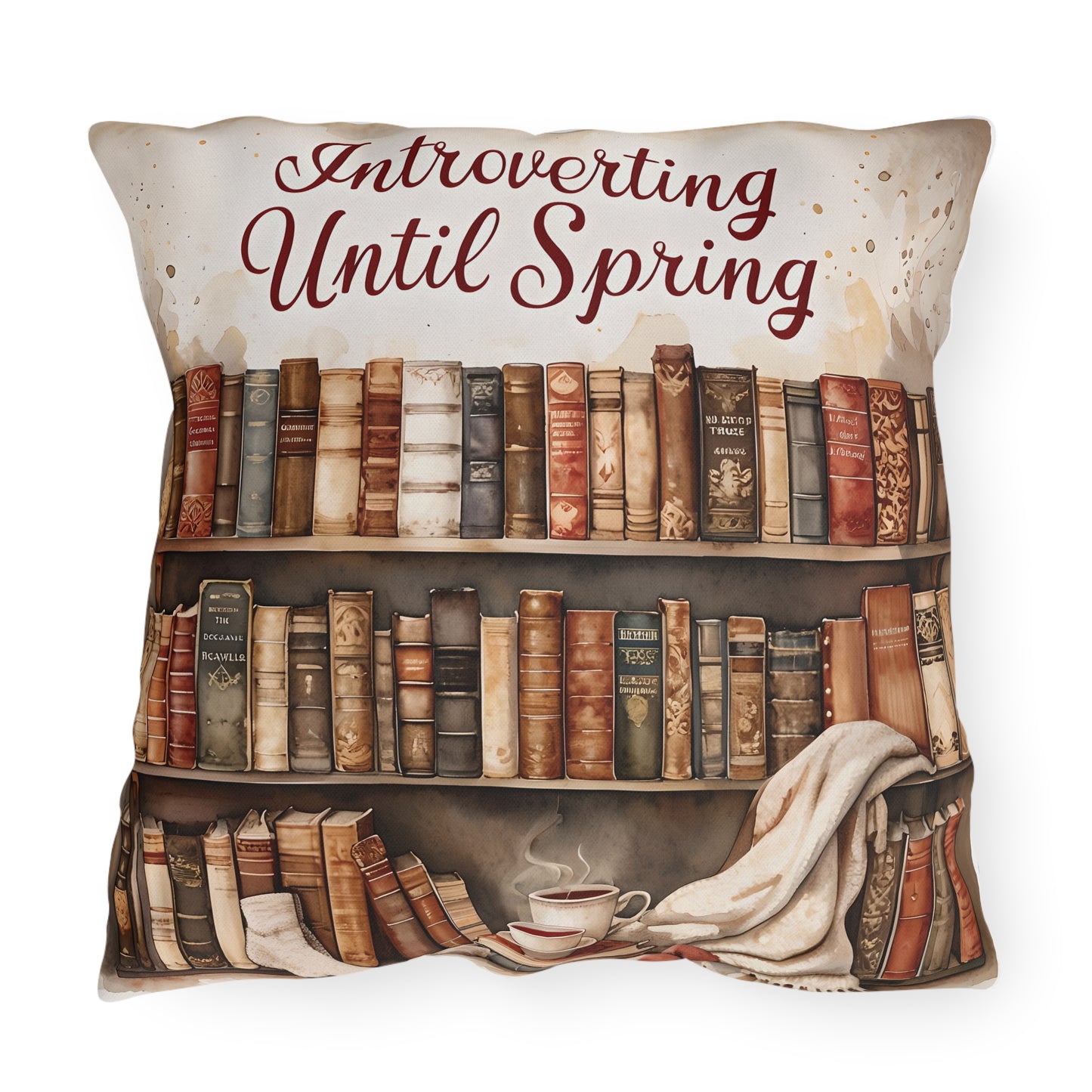 Introverting Until Spring Outdoor Pillow | Bookish Library Design, Cozy Reading Decor