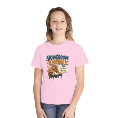 Homeroom Energy Sloth on Desk Youth Tee | Funny School Illustration