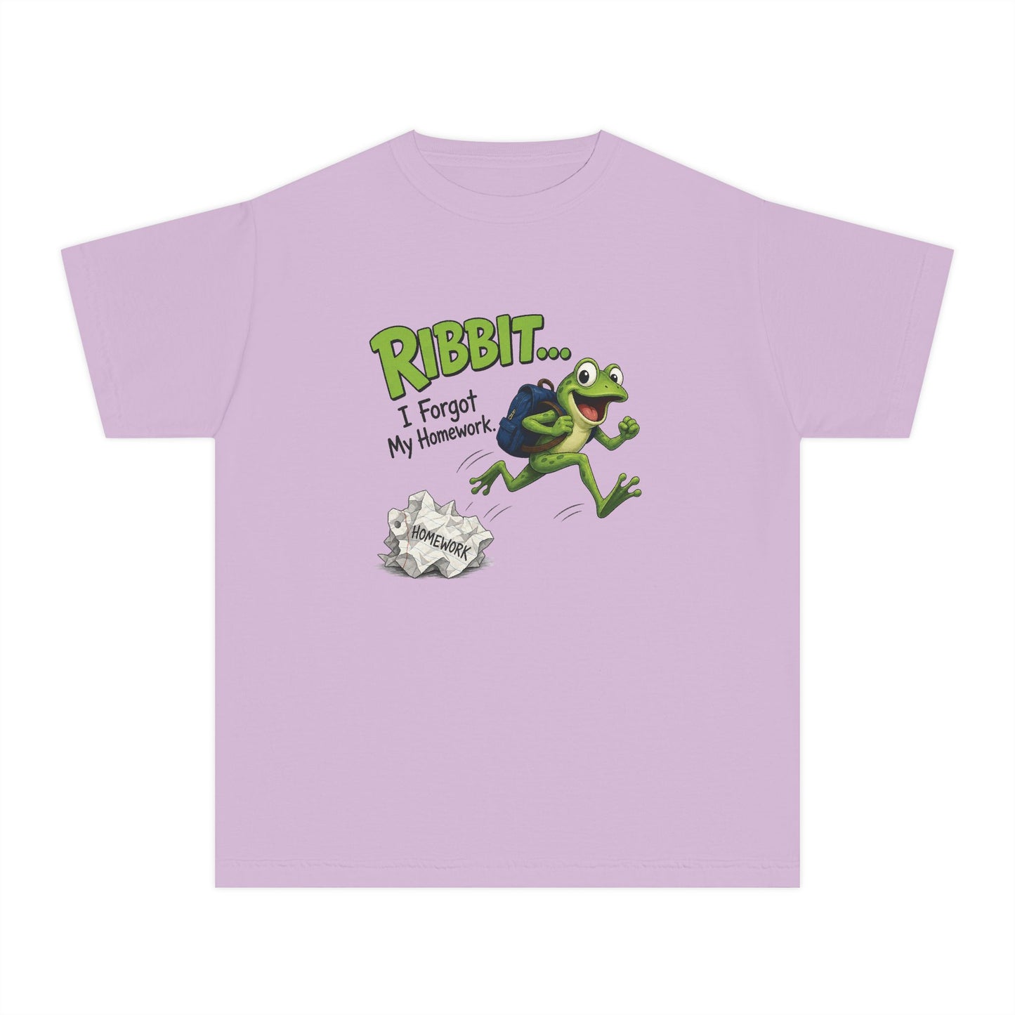Ribbit Frog Character Youth Tee | Funny Forgot My Homework Design