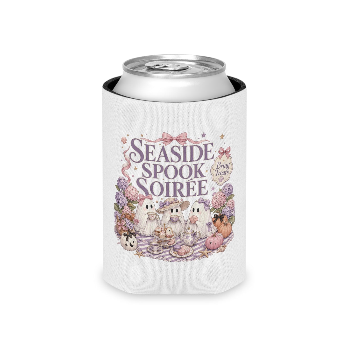 Seaside Spook Soiree Can Cooler | Halloween Ghost Picnic Cooler Sleeve