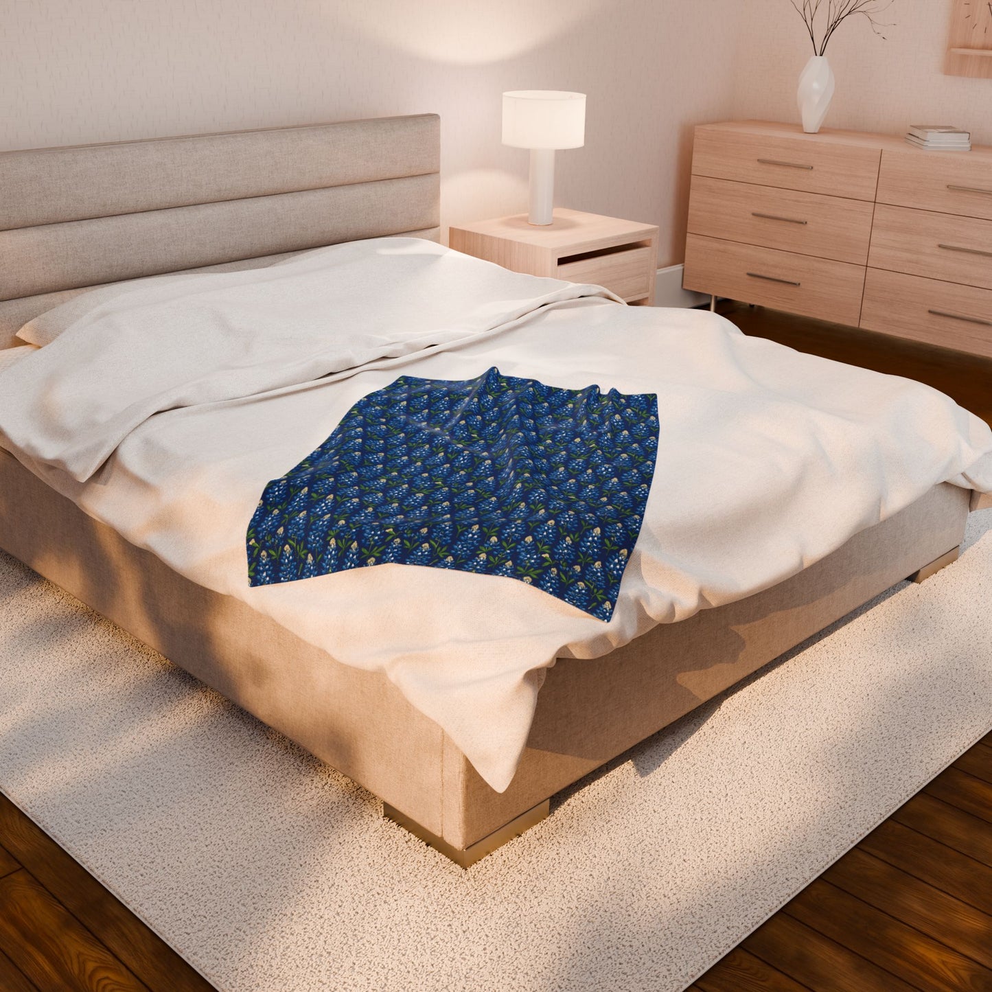 Velveteen Plush Blanket - Texas Bluebonnet Navy Blanket, Warm Cozy Throw, Home Decor Accent, Gift for Her, Floral Pattern Bedding, Soft Sofa