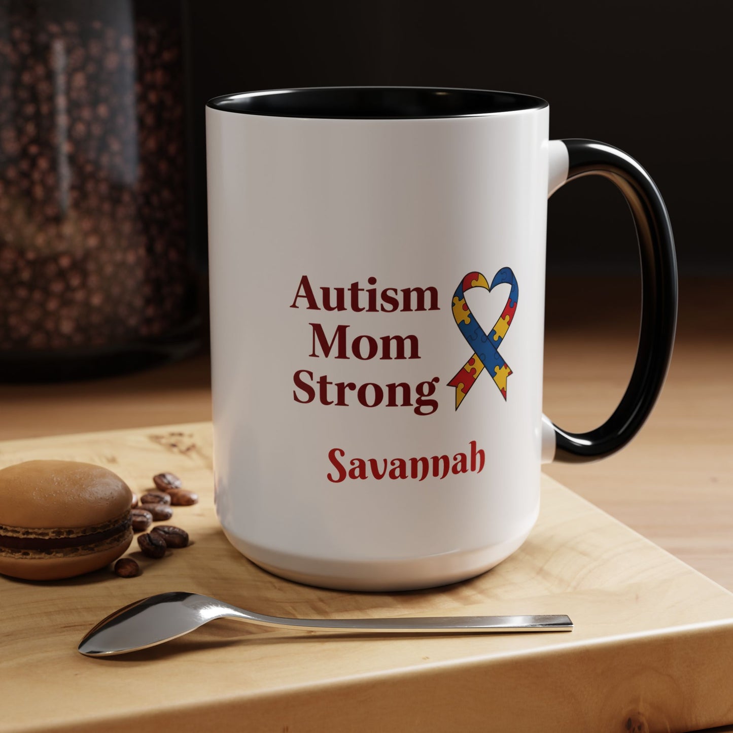 Autism Mom Strong mug | Accent Coffee Mug with Puzzle Ribbon