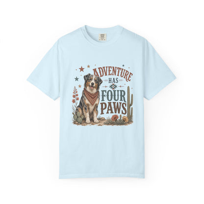 Adventure Has Four Paws T-Shirt | Australian Shepherd Design