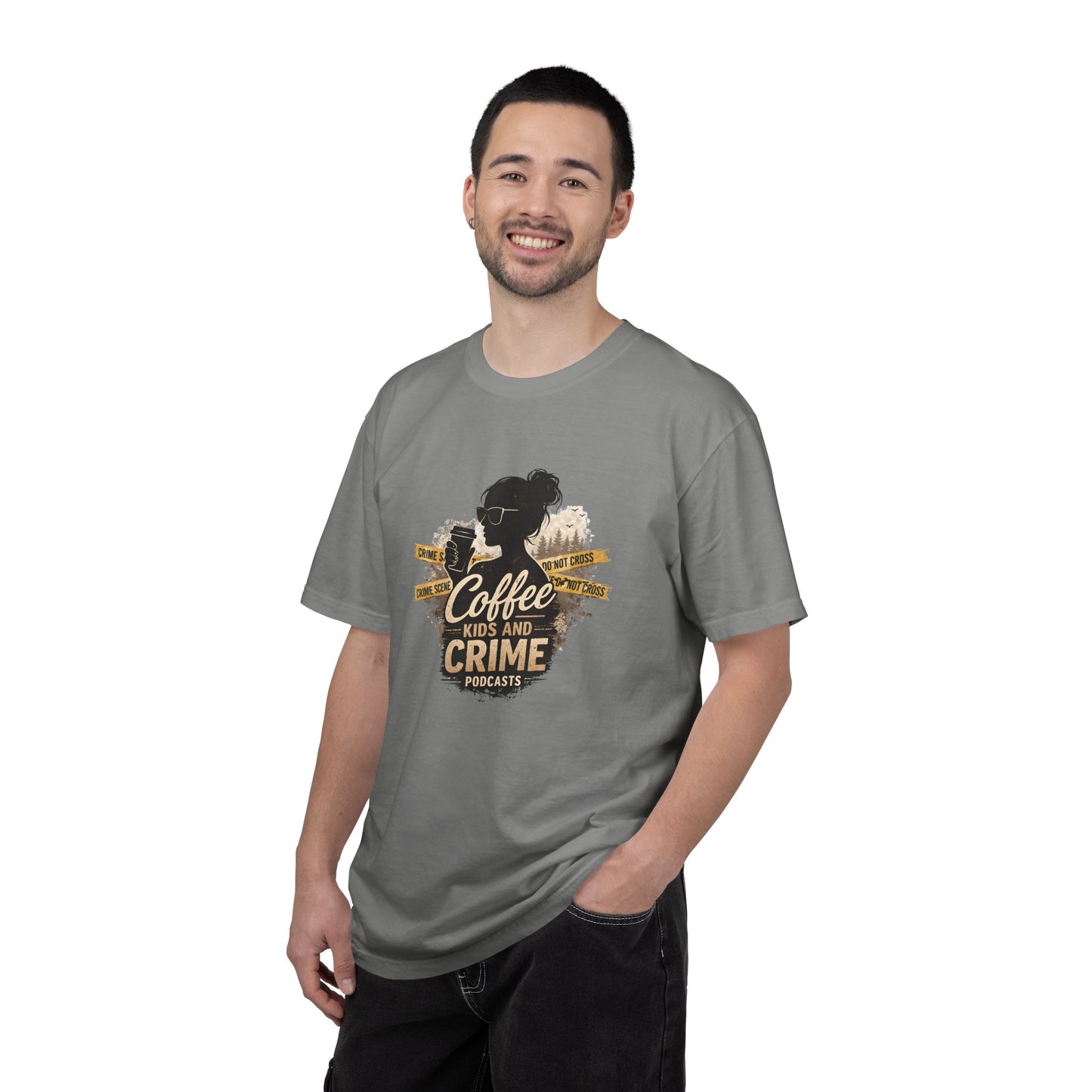 Coffee Kids and Crime Podcast Mom T-Shirt | Coffee Mug Silhouette Tee