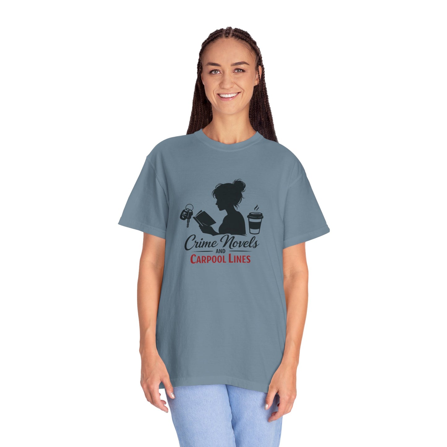 Crime Novels and Carpool Lines T-shirt | Reading Mom Silhouette, Coffee Graphic