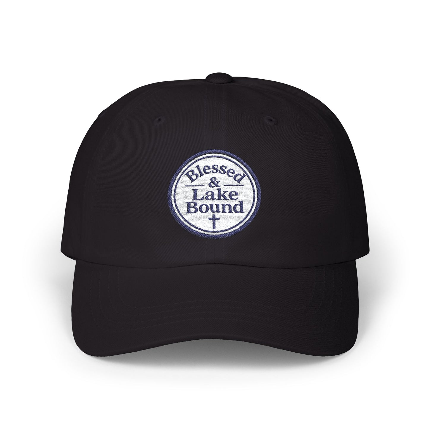 Blessed & Lake Bound Dad Cap | Embroidered Circle Logo, White Baseball Hat