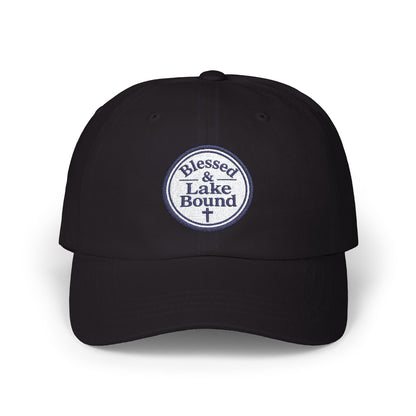 Blessed & Lake Bound Dad Cap | Embroidered Circle Logo, White Baseball Hat