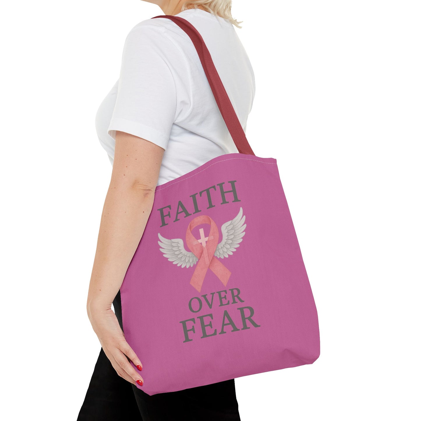 Faith Over Fear Tote Bag - Inspirational, Pink Ribbon, Breast Cancer Awareness, Motivational Gift, Everyday Use