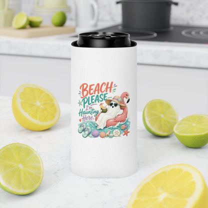 Beach Please Ghost Flamingo Can Cooler | Summer Beach Drink Sleeve