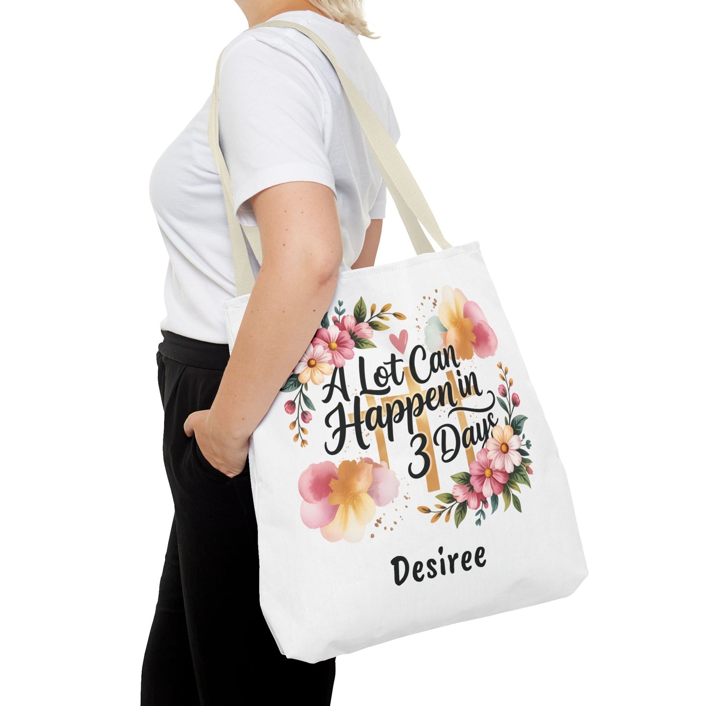 A Lot Can Happen in 3 Days Easter Faith Tote Bag | Floral Script Personalized Name