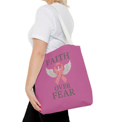 Faith Over Fear Tote Bag - Inspirational, Pink Ribbon, Breast Cancer Awareness, Motivational Gift, Everyday Use
