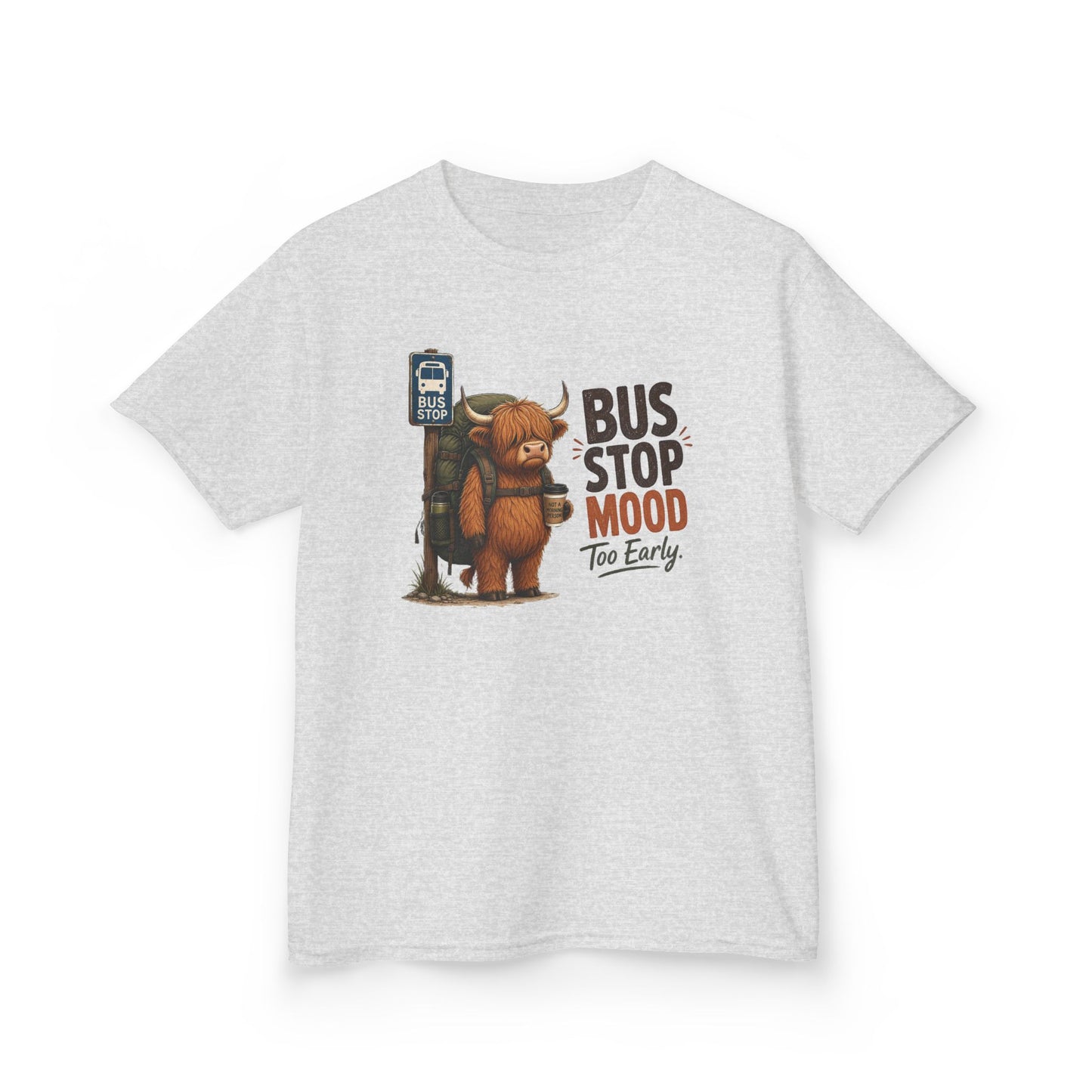 Bus Stop Mood Kids Tee | Grumpy Highland Cow Illustration, Funny Morning Shirt