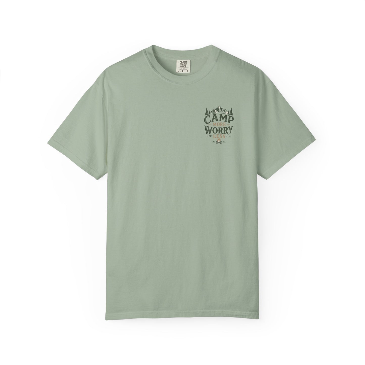 Camp More Worry Less T-shirt | Camping Mountains Pine Trees Design