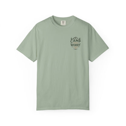 Camp More Worry Less T-shirt | Camping Mountains Pine Trees Design