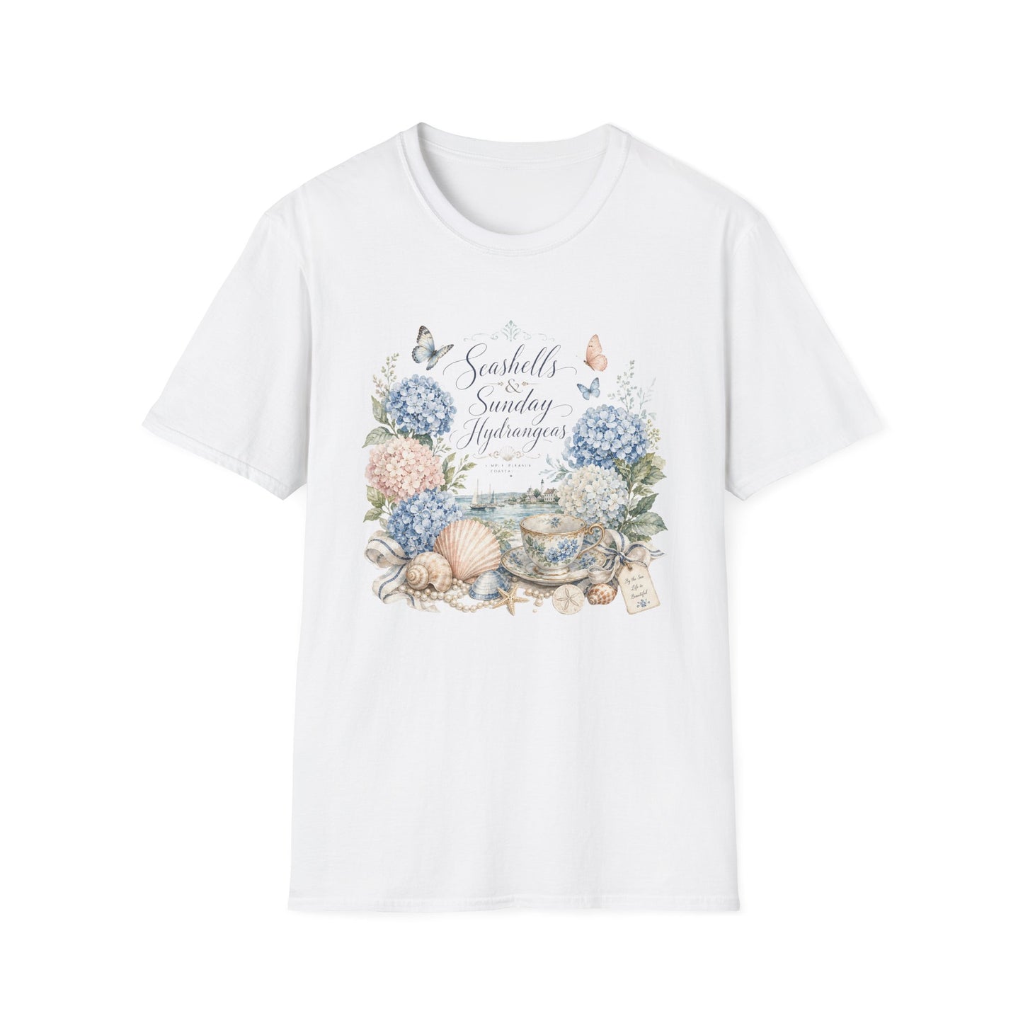 Seashells & Sunday Hydrangeas T-Shirt | Floral Coastal Cottage Shirt