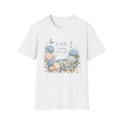 Seashells & Sunday Hydrangeas T-Shirt | Floral Coastal Cottage Shirt